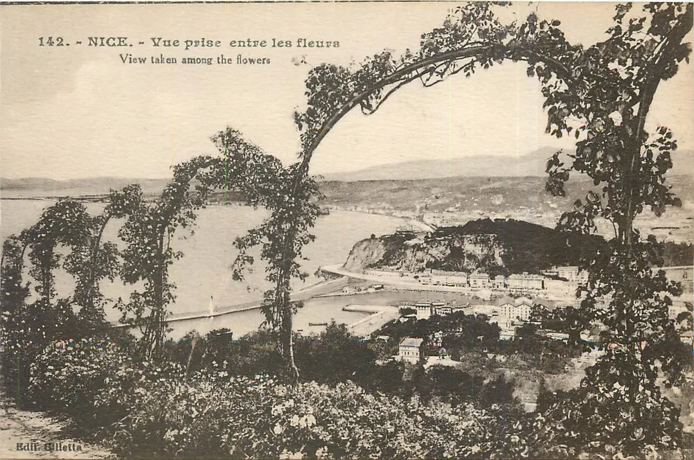 Nizza - Uitzicht genomen tussen bloemen — Uitgever J. Gilletta, n° 142 - Voorkant