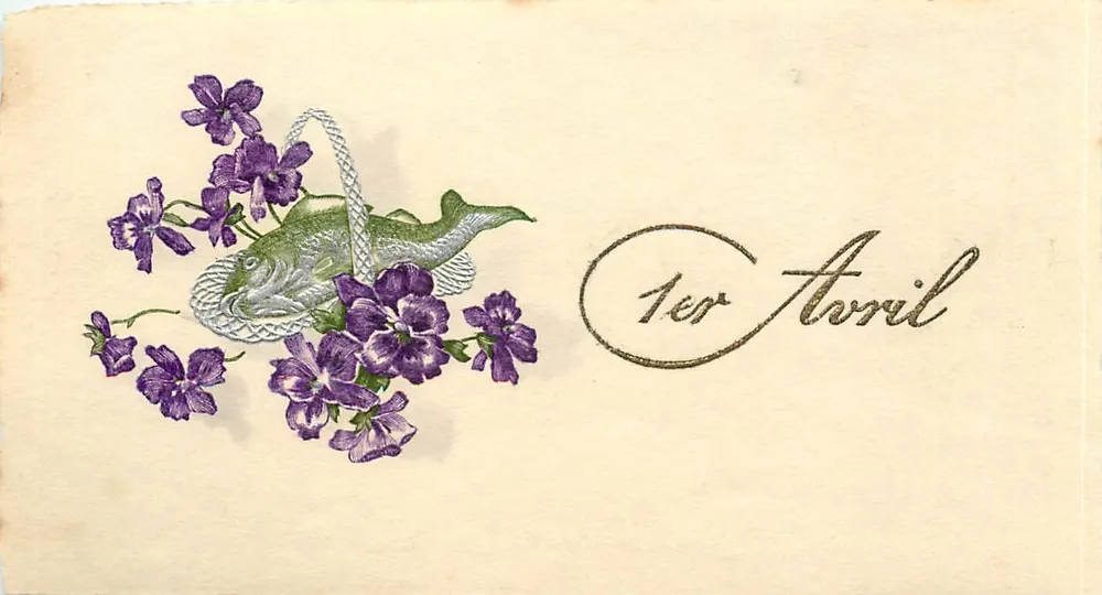 Peixe em um cesto de violetas — 1º de Abril — editor não visível - Frente