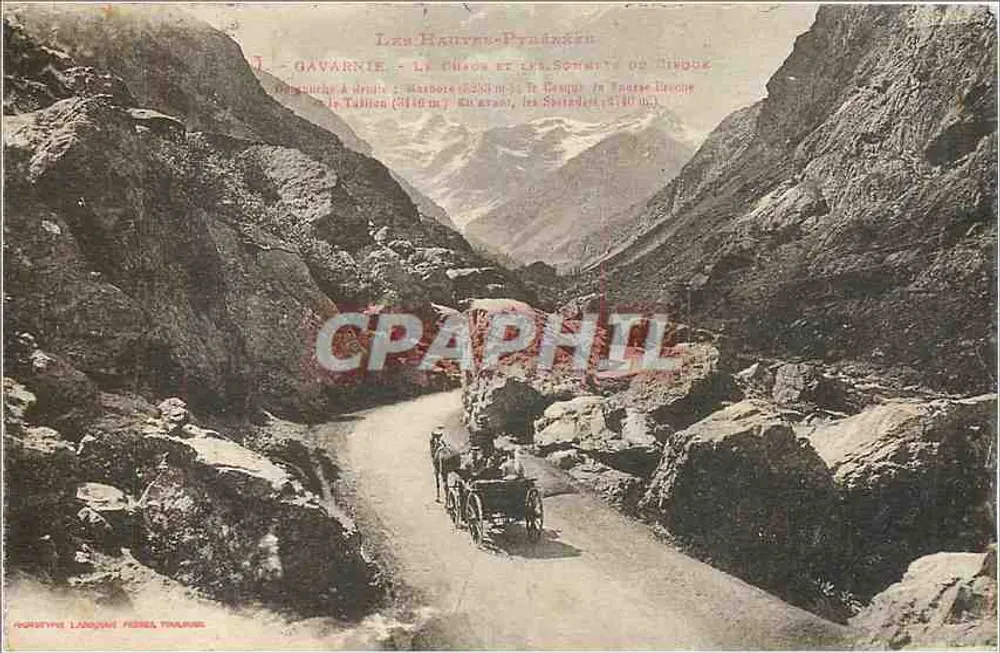 Gavarnie - O Chèze e os Cumes do Cirque — Montanha, carruagens e paisagem alpina — editor: Lacomme Frères, Toulouse - Frente