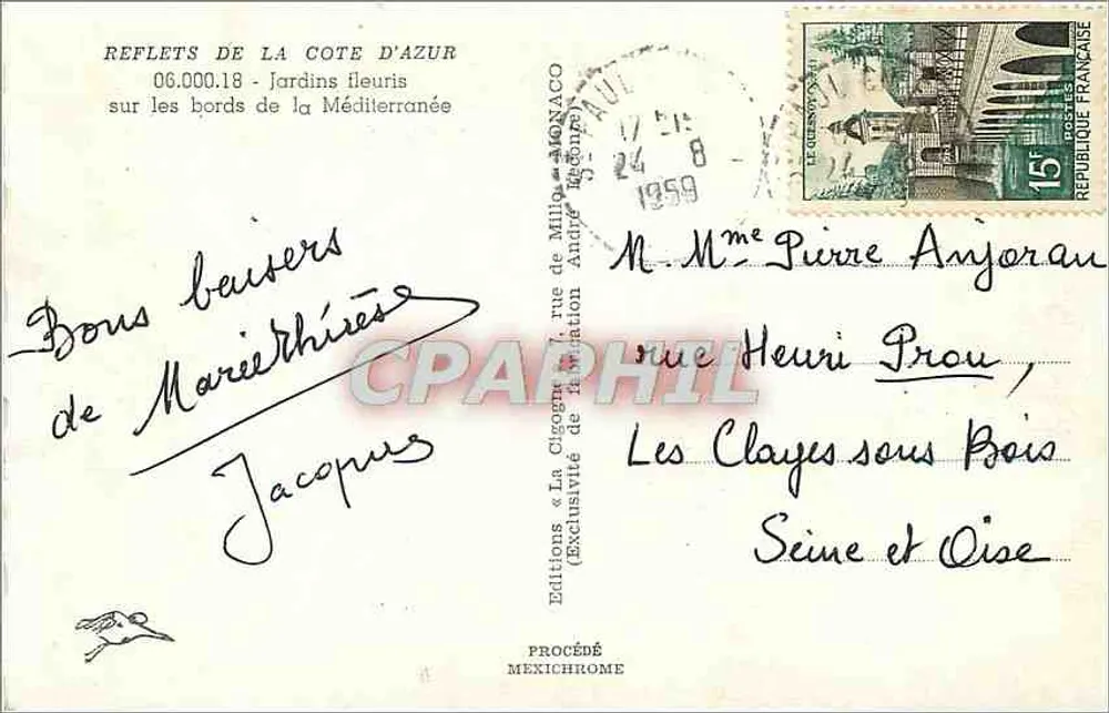 Jardines floridos junto a las orillas del Mediterráneo — Reflejos de la Costa Azul — Ediciones La Cigogne, Mónaco, n° 06.000.18 - Reverso