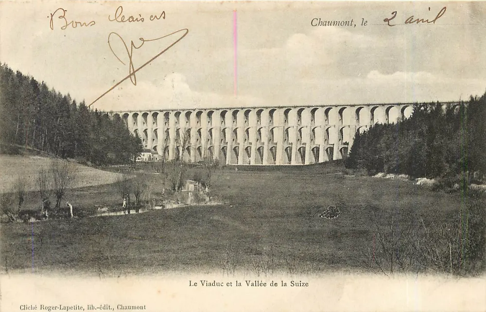 El Viaducto y la Valle de la Suize — Chaumont, el 2 de abril — Cliché Roger-Lapetite, lib.-editor, Chaumont - Anverso