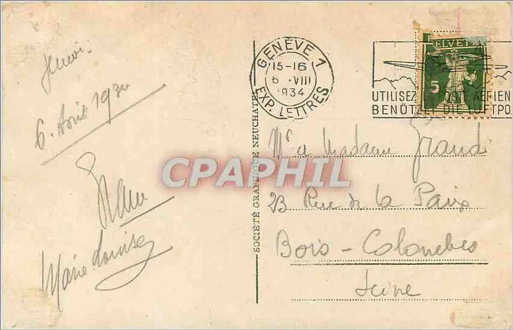 Genebra - Baía e cidade — AU GRAND BASSAGE — Sociedade Grattane Neuchâtel n°2703 - Verso