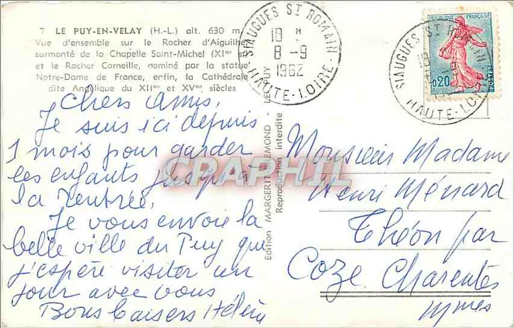 Le Puy-en-Velay — vue d'ensemble sur le Rocher d'Aiguilhe et le Rocher Corneille — Edition Margerit Émond - Verso