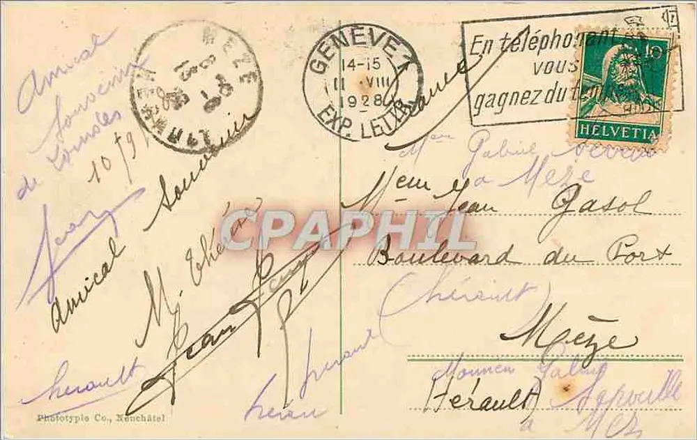 Genf — Die Brücken von Bergues und Mont-Blanc — Phototype Co, Renchâtel, Nr. 8307 - Rückseite