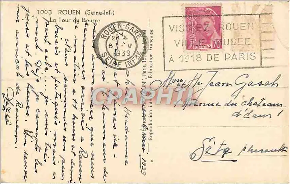 De Buttertoren — Rouen (Seine-Inf.) — Ongepubliceerde heruitgave Parijs 1939 - Achterkant