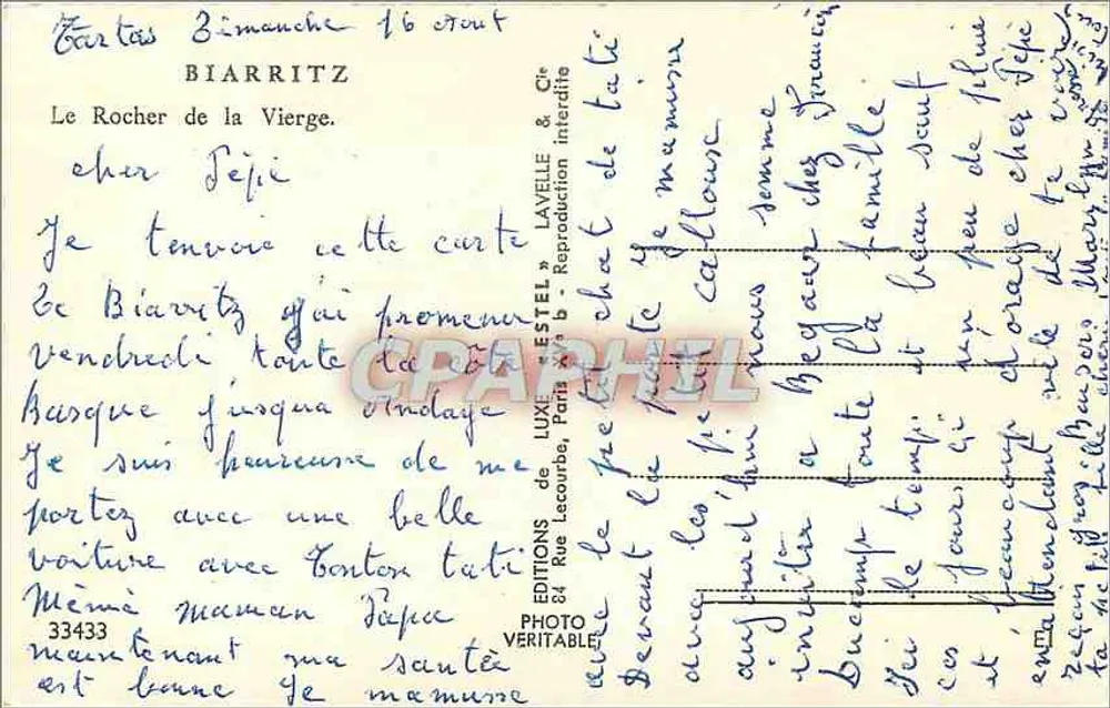 O Rocher de la Vierge em Biarritz — Editor Etel, n°33433 - Verso