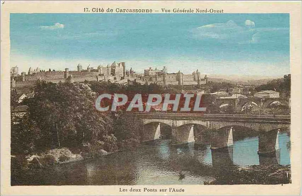 Cidade de Carcassonne — Vista Geral Noroeste — Os Dois Pontes sobre o Aude - Frente