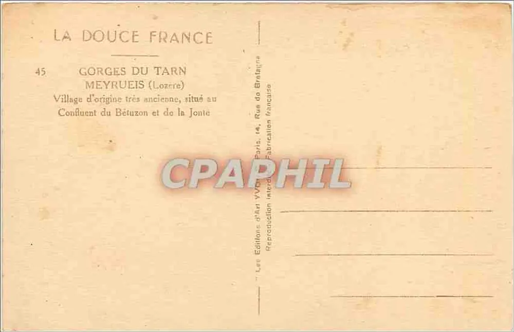 Meyrueis (Lozère) — Gorges do Tarn — vista do confluente do Bétuzon e da Jonte — Éditions d'Art Yvon, Paris - Verso