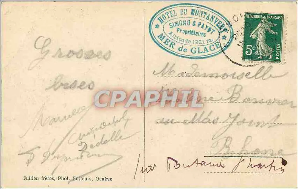 Chamonix - La Mer de Glace et l'Hôtel du Montenvers (alt. 1921 m) — Simond & Payet, Genève - Verso