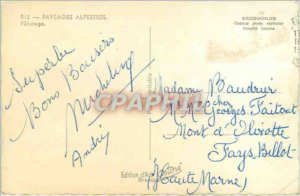 Pâturage alpestre — Mont d'Élivatte — Édition d'Arpège, Grande-Bretagne - Verso