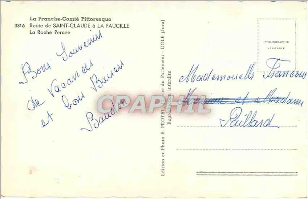 A Roche Percée — Estrada de Saint-Claude para La Faucille — Edição E. PROJET (Jura) - Verso