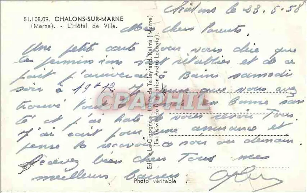 Chalons-sur-Marne — Het stadhuis en de kathedraal — La Cigogne, n° 51.108.09 - Achterkant
