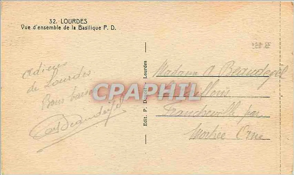 Lourdes — Vista geral da Basílica P.D. — Edit. P. Dufect, Lourdes, n°32 - Verso