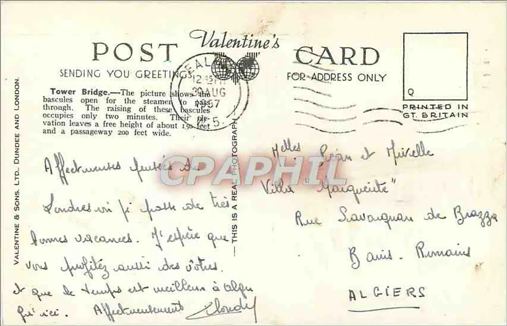 Ponte Tower, Londres — vista com pontas levantadas — Valentine's Ltd. n°43871 - Verso