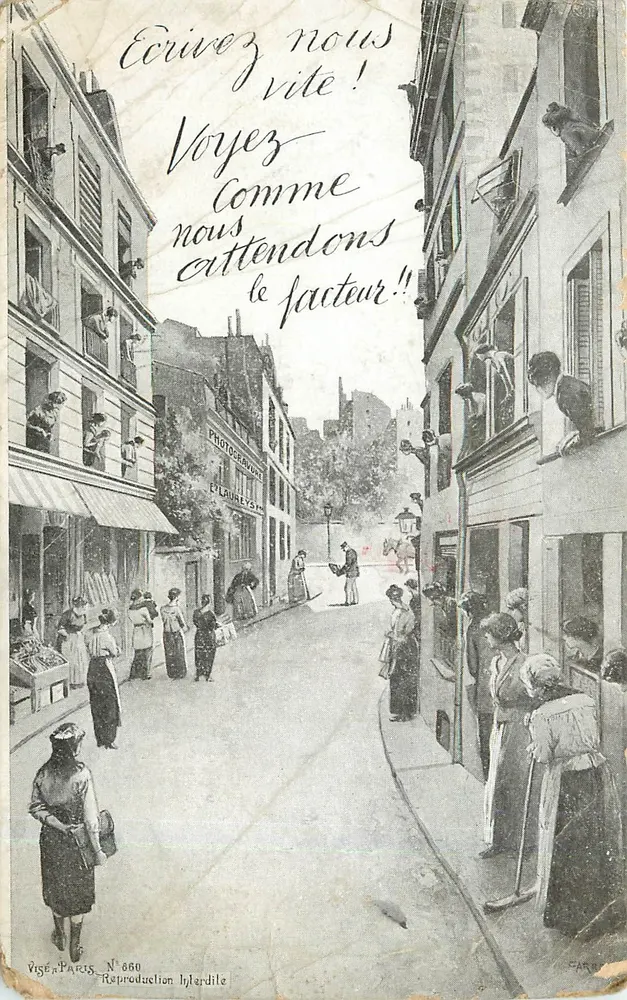Rue animée à Paris — scène d'attente du facteur — éditeur Pige à Paris, N° 860 - Recto