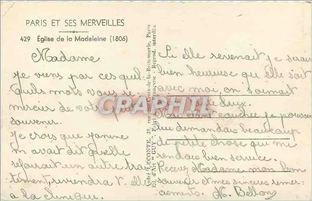 Igreja da Madeleine — Paris — Editor Guy, n° 429 - Verso