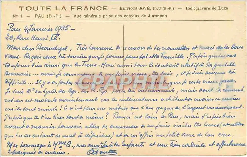 Allgemeiner Blick auf die Hänge von Jurançon — Éditions JOYÉ, Pau (B.P.) — Nr. 1 - Rückseite