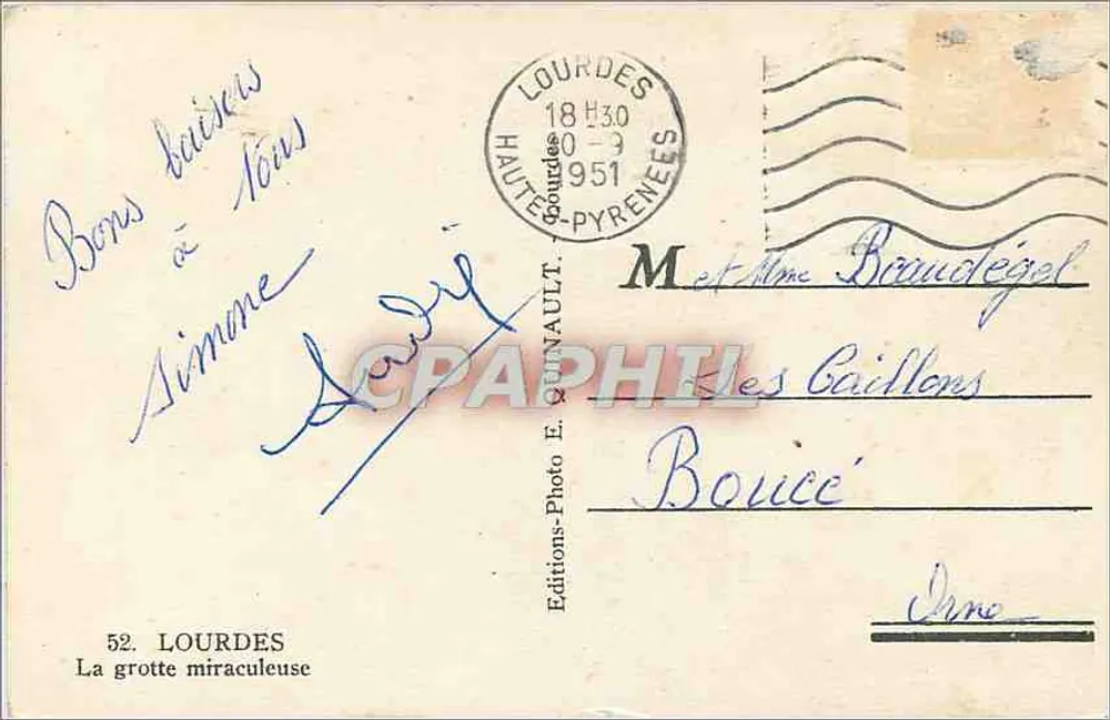 A gruta milagrosa — Lourdes — Edições-Foto E. Quinault, n°52 - Verso