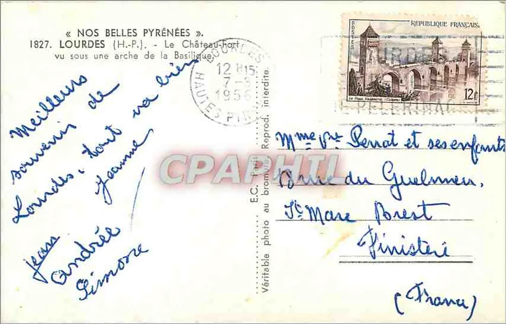 Lourdes — Ansicht des Château-haut unter einem Bogen der Basilika — E.C. Reprod. - Rückseite