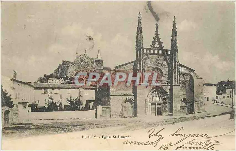 Le Puy - Igreja de São Lourenço — vista da igreja e do castelo na colina - Frente