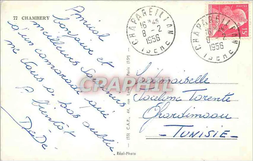 Uma Lembrança de Chambéry — cartão postal ilustrado com fotos de locais — Réal-Photo - Verso