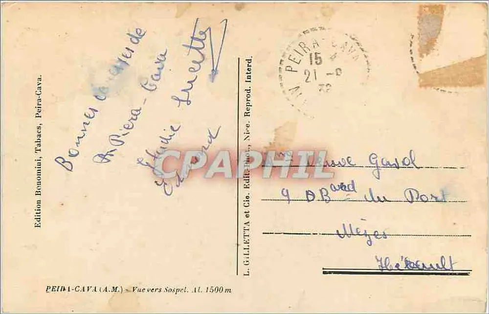 Uitzicht richting Sospel — Al. 1500 m — Editeurs Bonomini, Tabacs, Peiré-Cava - Achterkant