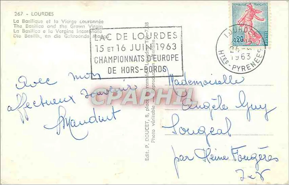 Lourdes — Basilique et la Vierge couronnée — Edit. P. Doucet, n° 267 - Verso