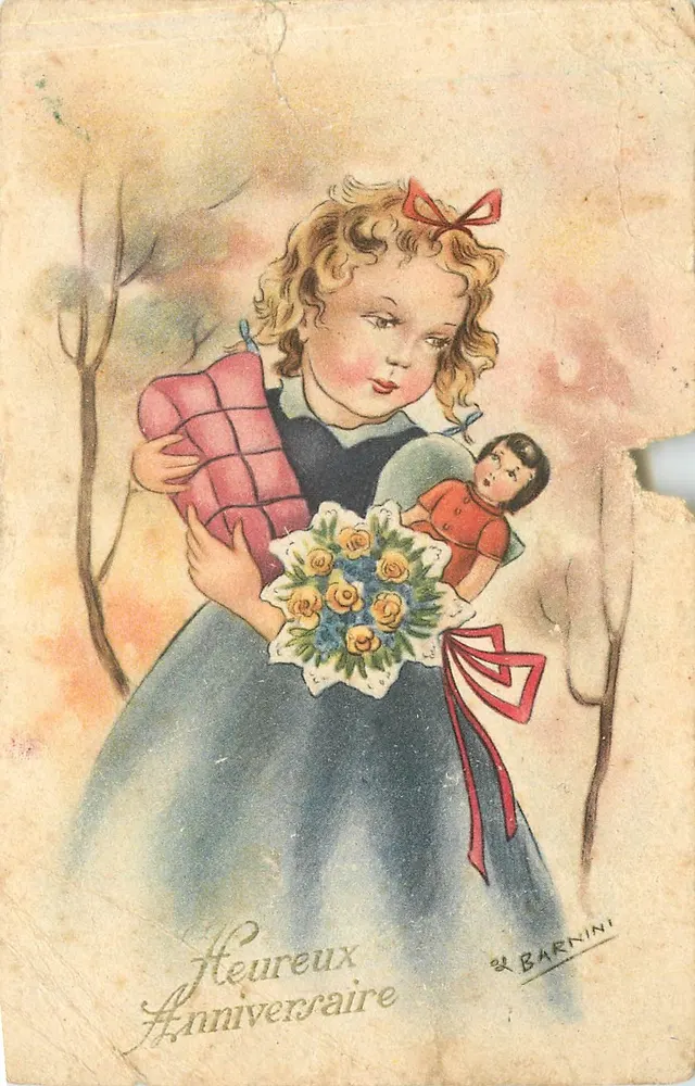 Fille tenant un bouquet et une poupée — Anniversaire — éditeur BARNINI - Frente