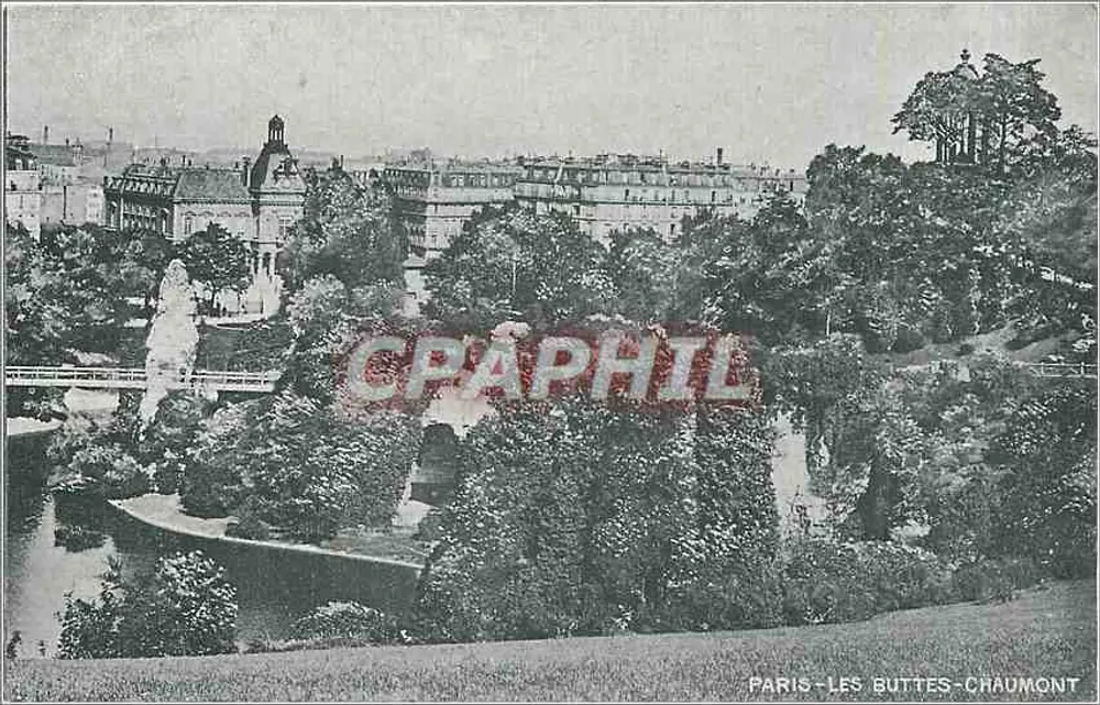 Paris - Les Buttes-Chaumont — vista panorâmica do parque com cascata e ponte — editor não identificado - Frente
