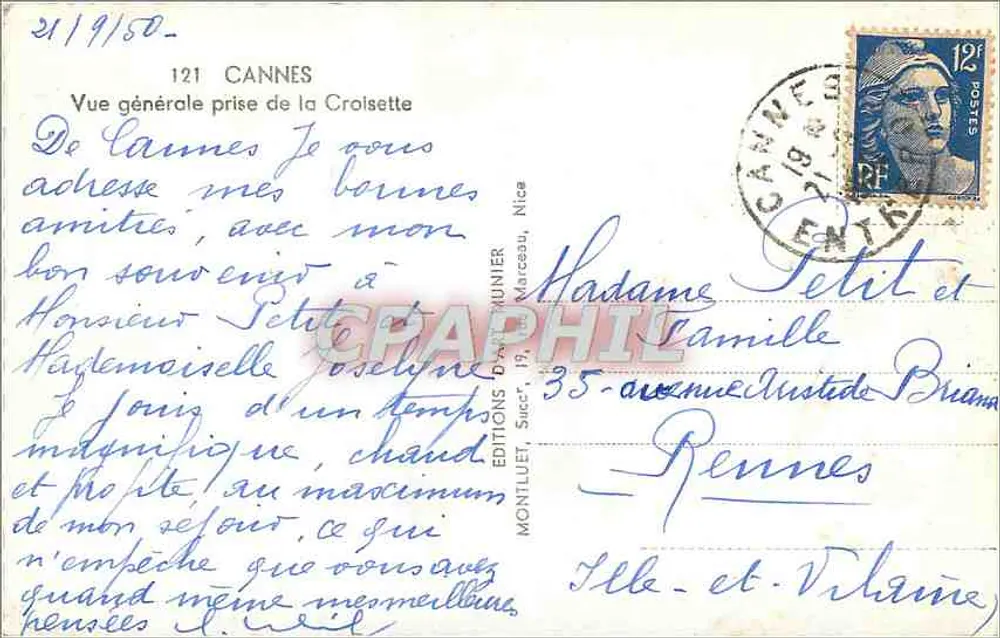 Vista geral de Cannes vista da Croisette — Edições D. Munner, n°121 - Verso