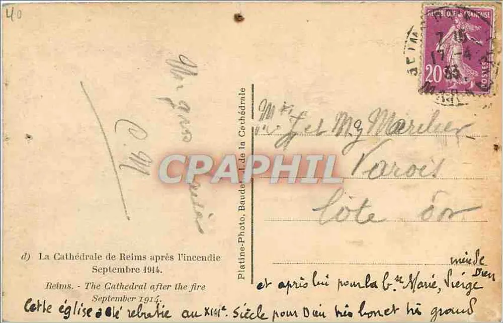 Cathédrale de Reims — après l'incendie de 1914 — Platiné-Photo, Baudet - Verso