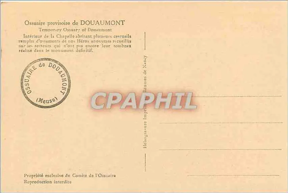 Ossuaire provisoire de Douaumont — Intérieur de la chapelle abritant plusieurs cercueils — Imprimerie de Nancy - Rückseite