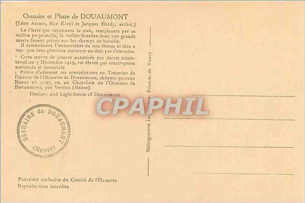 Ossuário e Farol de DOUAUMONT — Ossuário e Farol de Douaumont — Héloïse Gravure, Nancy - Verso