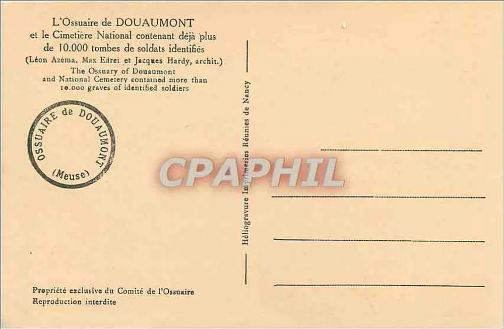 O Ossuário de Douaumont — Ossuário e Cemitério Nacional — Héliogravure Nancy - Verso