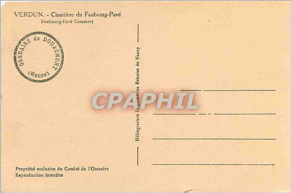 Cemitério do Faubourg-Pavé — Verdun — Héliogravure do Ossuário de Douaumont - Verso