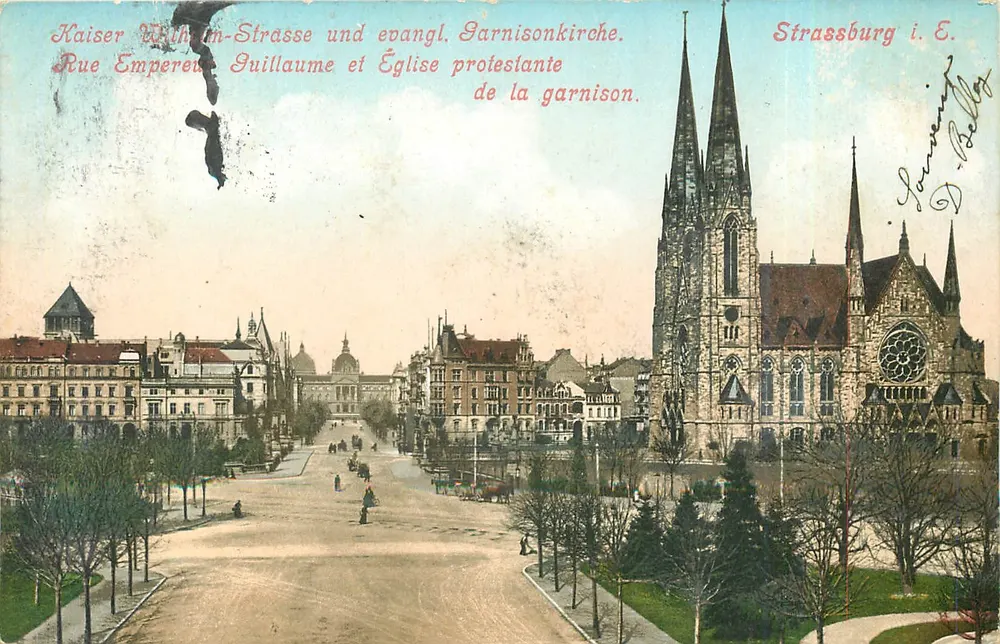 Strasbourg i. E. — Kaiser Wilhelm-Straße e igreja protestante da guarnição — editor D. Bally - Frente