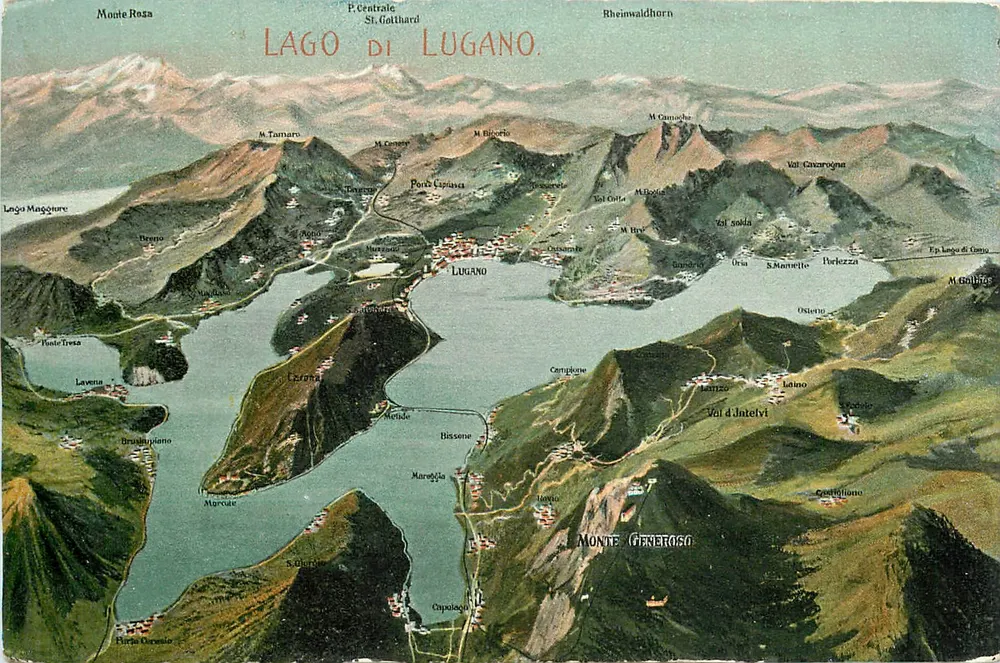 Lago de Lugano — vista aérea ilustrada — Gebr. Wehrli, Kilchberg-Zürich - Frente