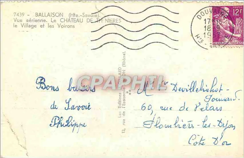 Ballaison (Haute-Savoie) — Vista aérea do vilarejo e do castelo de Thinières — Éditions de l'Économie (Rhône) - Verso