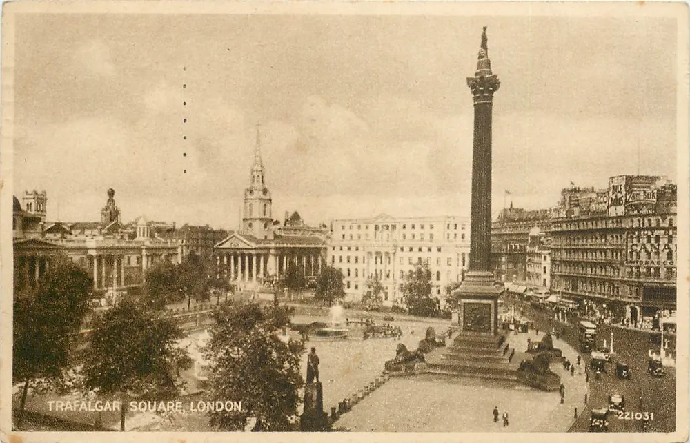 Trafalgar Square, London — view with Nelson Column — publisher Valentine's Card, no. 221031 - Front