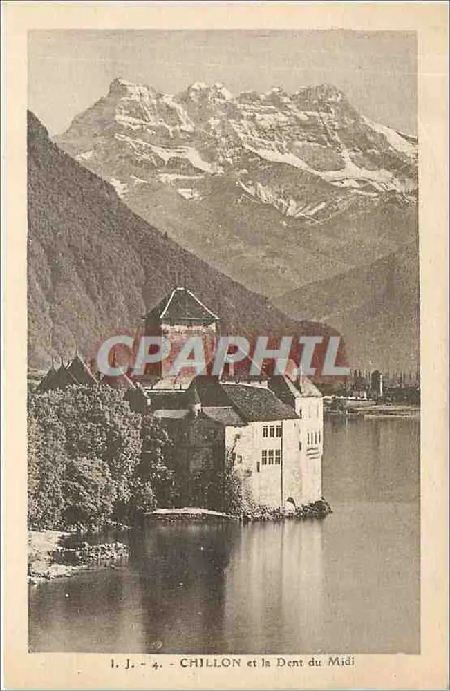 Chillon e a Dent du Midi — visão do castelo no lago com montanhas nevadas — editor J.J. n°4 - Frente