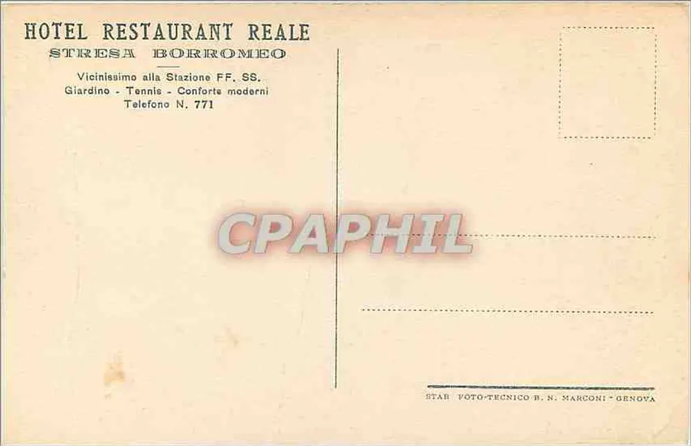 Hôtel Restaurant Reale — bâtiment à balcons — éditeur STAB FOTO-TECNICO B. N. MARCONI - GENOVA - Verso