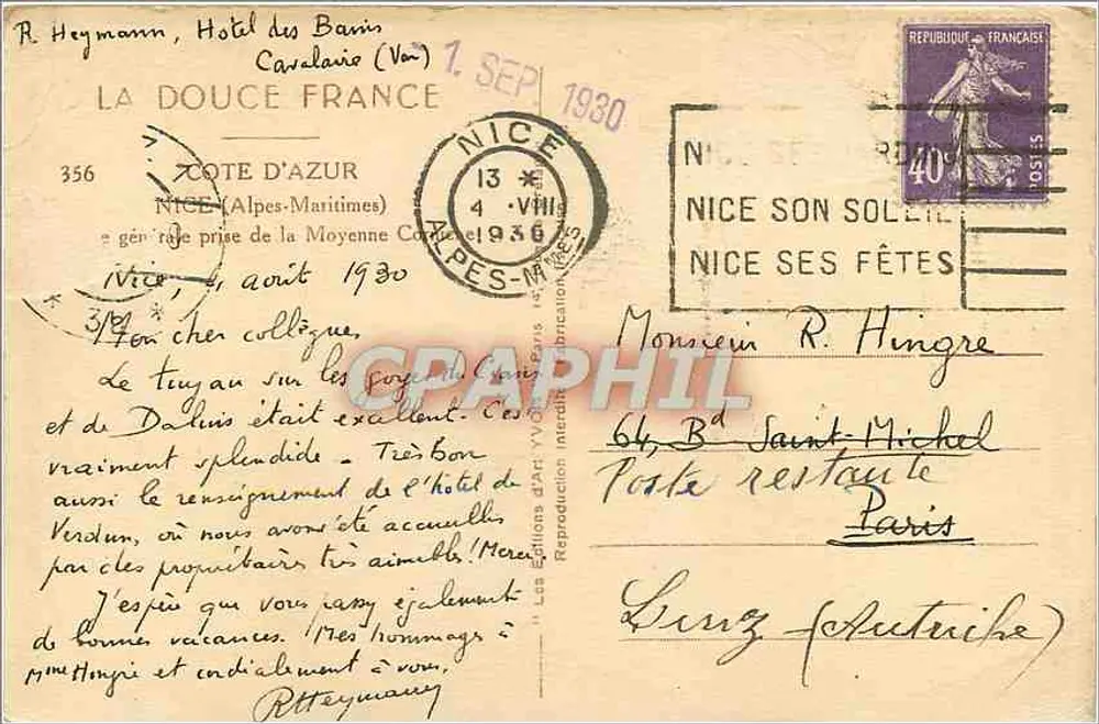 Vue de la bahía de Niza — puerto y faro — editor Yvon, n°356 - Reverso