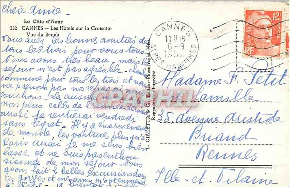 La Côte d'Azur — Les Hôtels sur la Croisette — Éditeur GILLETTE & Cie, Paris - Verso