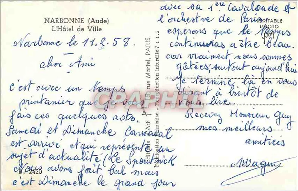 Narbonne — Hotel de la Ciudad — editor Art Martel, n° 2420 - Reverso