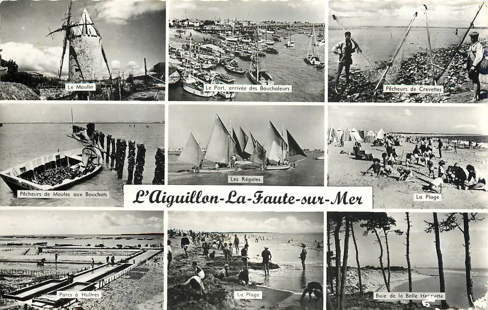 L'Aiguillon-La-Faute-sur-Mer — vista panorâmica com moinho, porto, pescadores e praias — Éditions Gaby, Nantes - Frente