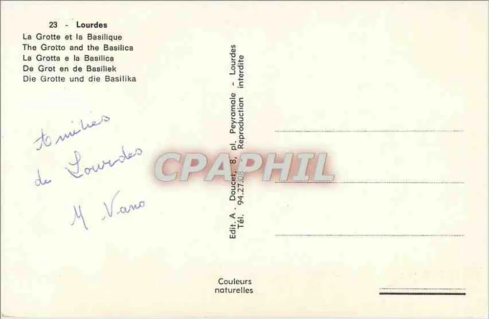 Lourdes — A Gruta e a Basílica — Edit. A. Doucet, pl. Peyramale - Verso
