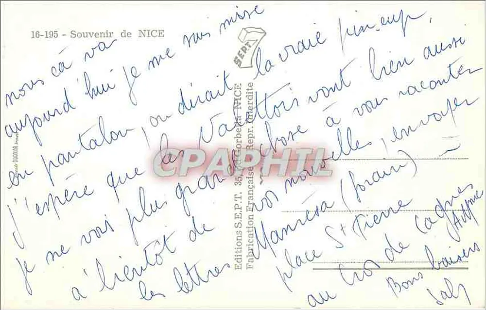 Souvenir de Nice — vista da promenade des Anglais, do Grand Hôtel e da cidade — Edições S.E.P.T. Nice - Verso