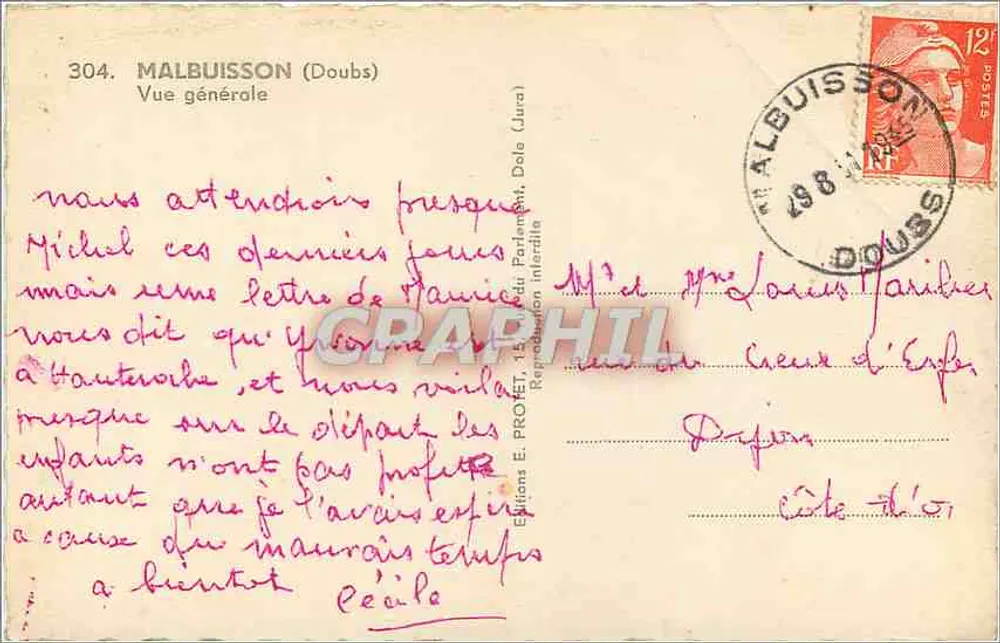 Malbuisson (Doubs) — Vista geral — Edições E. Profeit, n°304 - Verso