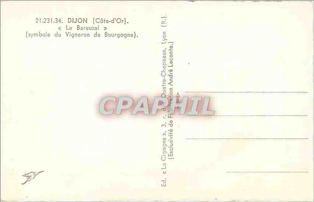 Dijon (Côte-d'Or) — « Le Bareuzai », symbole du Vigneron de Bourgogne — Édition La Cigogne, Lyon (R.) - Verso