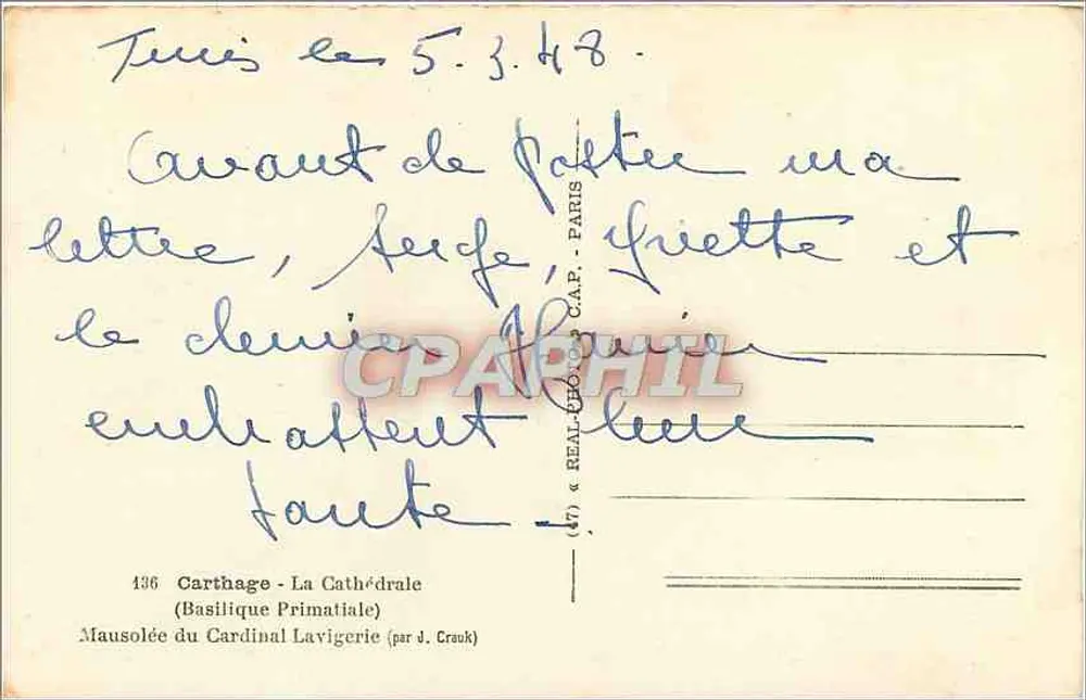 Mausolée du Cardinal Lavigerie — Basilique Primatiale de Carthage — éditeur C.A.P. n°136 - Verso